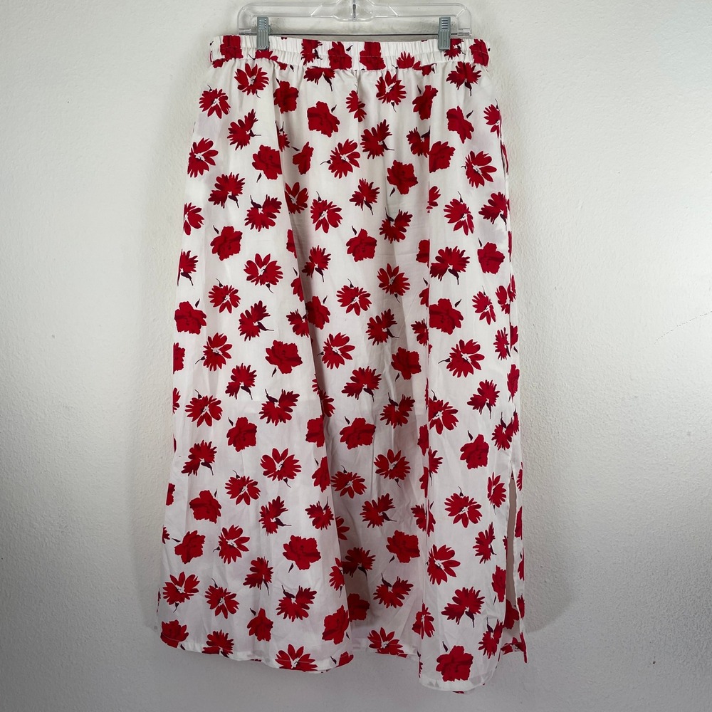 Elie Tahari Womens XL Red White Floral Cotton Midi Skirt NWT Romantic Coquette